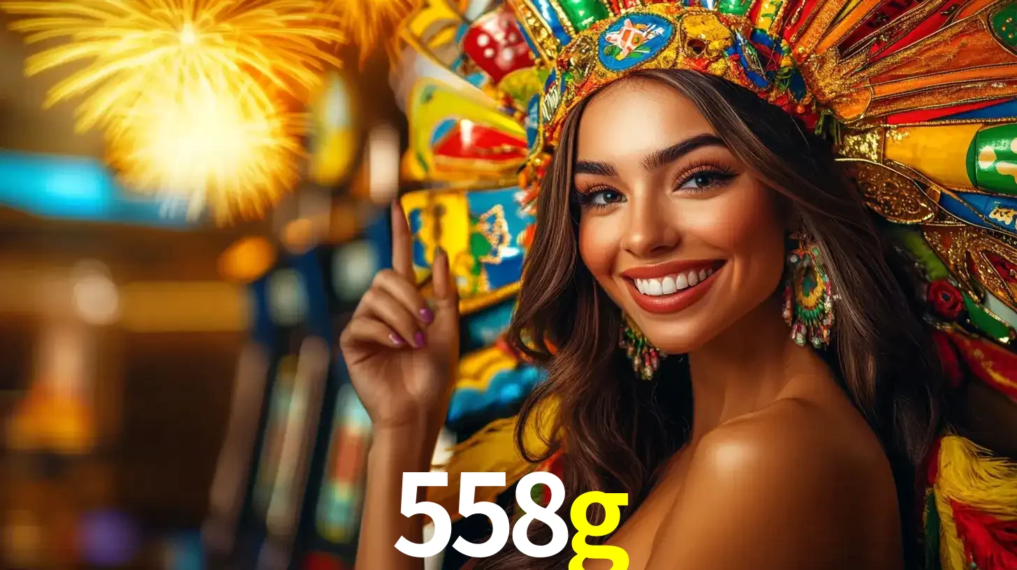 Mulher sorridente com um cocar de carnaval vibrante e colorido, celebrando uma grande vitória nos jogos do cassino 558g com fogos de artifício ao fundo.