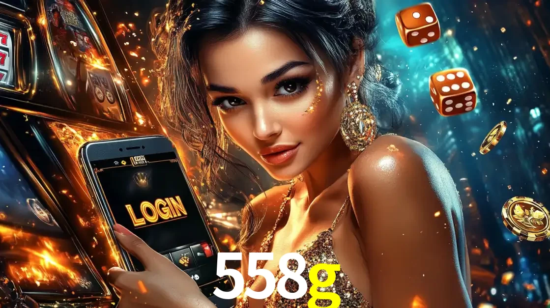 Mulher glamourosa segurando um celular com a tela de login do cassino 558g, rodeada por dados e moedas douradas, pronta para começar a diversão.