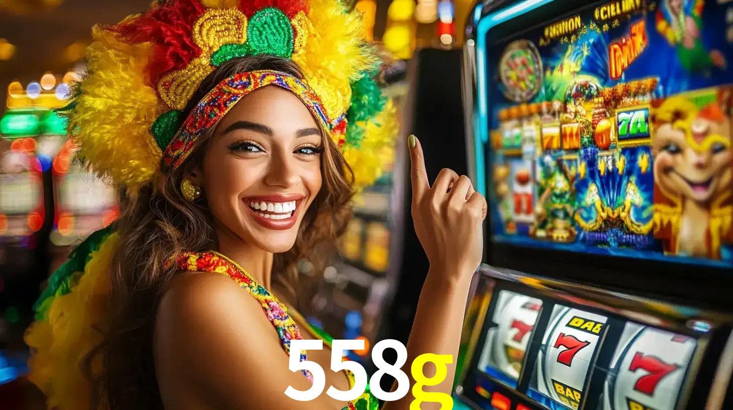 Mulher animada com um cocar de carnaval apontando para uma máquina de caça-níqueis, mostrando a emoção de ganhar um grande prêmio nos jogos do 558g.