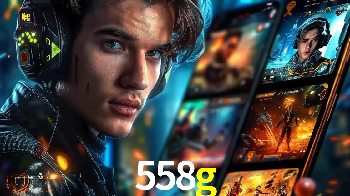 Jovem jogador com fones de ouvido olhando para a câmera, com um aplicativo de jogos e e-sports para celular ao fundo, pronto para a competição e apostas no 558g.