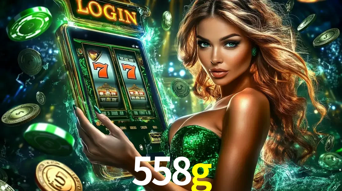 Mulher com tema verde apresentando o aplicativo do cassino 558g com um jogo de slot de 777, cercada por fichas de cassino e uma aura de sorte.