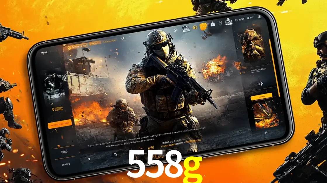 Um smartphone exibindo a interface de um jogo de tiro em primeira pessoa, com um soldado em um cenário de batalha, representando a ação dos e-sports para apostar no 558g.