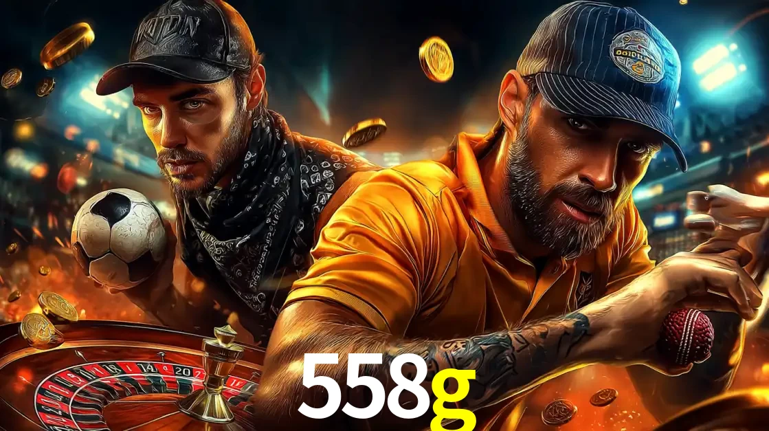 Montagem de apostas esportivas e cassino no 558g, com um homem segurando uma bola de futebol e outro uma de beisebol sobre uma roleta e moedas voadoras.