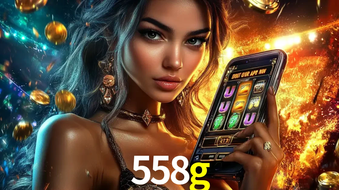 Mulher elegante mostrando um jogo de caça-níqueis em seu smartphone, destacando a experiência de cassino móvel oferecida pelo aplicativo 558g.
