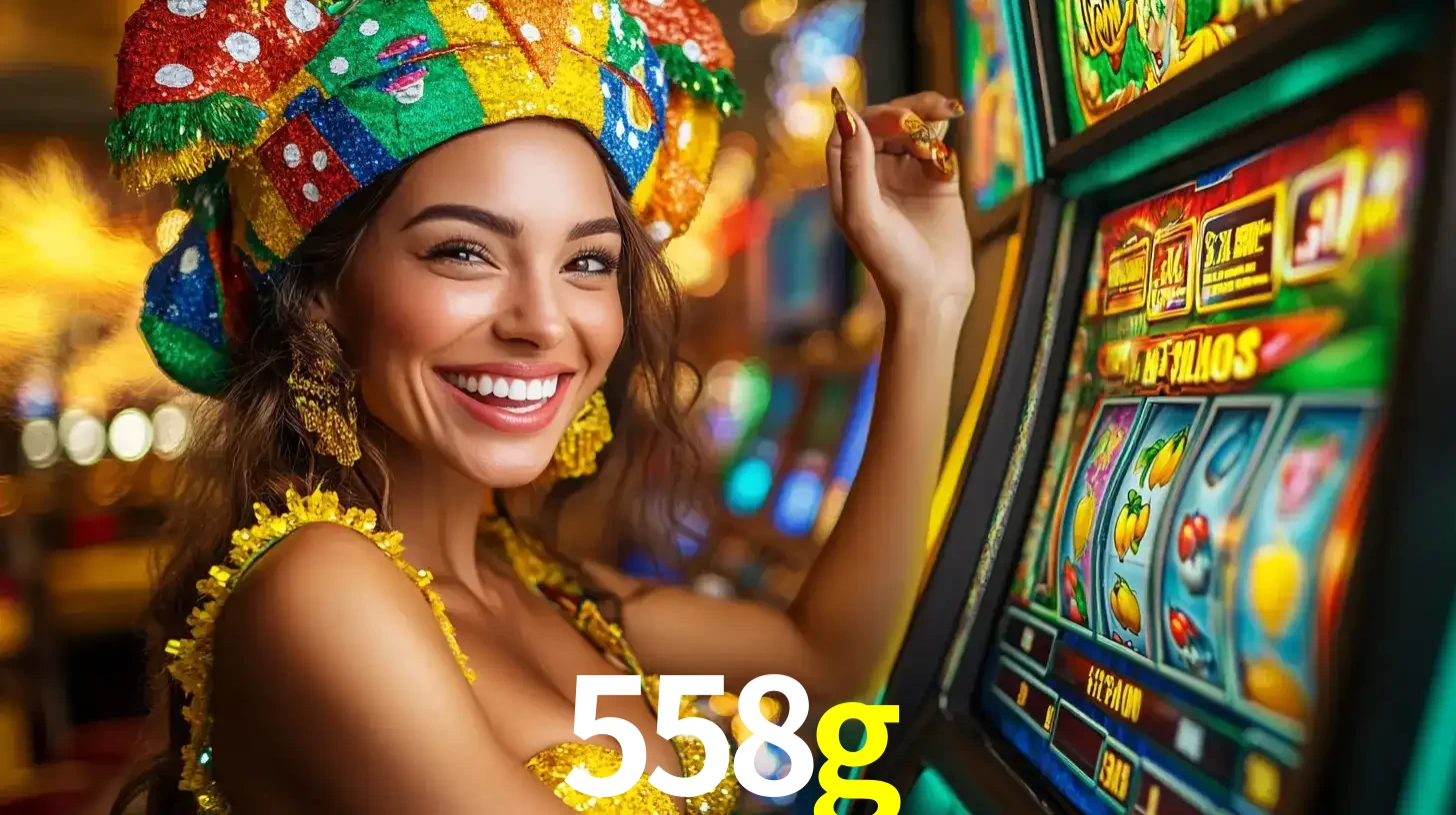 Mulher feliz com traje de carnaval amarelo e colorido ao lado de uma máquina de caça-níqueis, aproveitando a diversão e os jogos temáticos do cassino 558g.